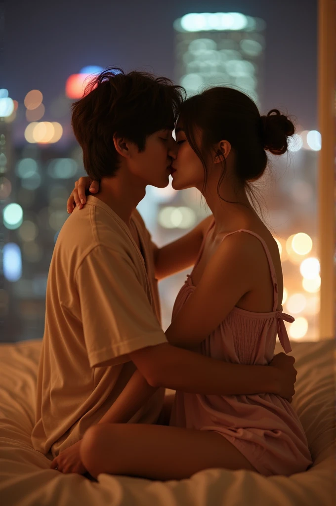 Fullbody photography portrait of a young Korean couple, a man and a woman ,man with brown comma hair and woman with brown hair in a bun ,wearing slightly revealing nightwear in matching colors, while the woman sits on the man's lap with the woman's back facing the man and kissing his lips, on the bed of a hotel room ,hug ,romantic scene ,profesional photography ,uhd 14k ,bokeh background night city center