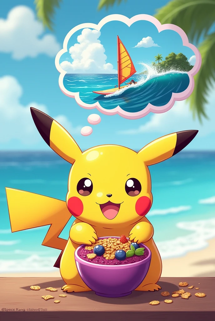 Illustration of Pikachu eating açaí bowl with granola and a thought bubble of the sea with a windsurfing board