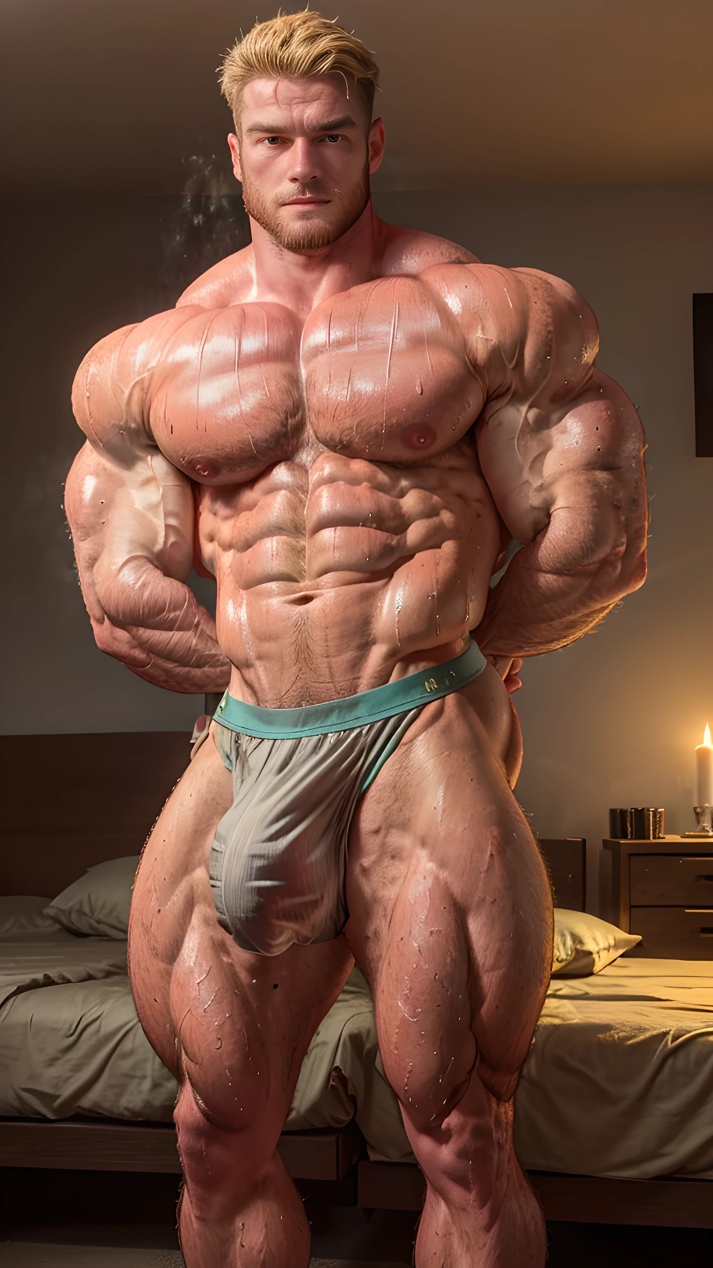 Masterpiece, denoise, void noise, one man, best quality, 8k resolution, male focus, focus only, amazing composition, volumetric lighting, super quality, elegant, Very detailed, (front view), (frontal pose), candle light, -----------, 25 years old, mature face, muscular, thick body, handsome, (detailed light-gray eyes, detailed eyes, looking at viewer), ((((medium lenght blonde hair)))), ((big ears)), (((massive furry pectorals, thick plenty chest hair))), ((pale skin)), (((Medium length beard))), --------------, ((wearing green satin jockstrap)), ((shirtless)), ((((hands on ass, hands behind back)))), (puffy nipples), (((enormous bulge, hyper bulge, long bulge))), (((student bedroom))), (((enormous pecs, hyper pecs, massive pectorals))), ((abs, ripped core, massive abdominals)), ((massive quads, broad shoulders, massive biceps, huge calves)), ((((sweaty))))