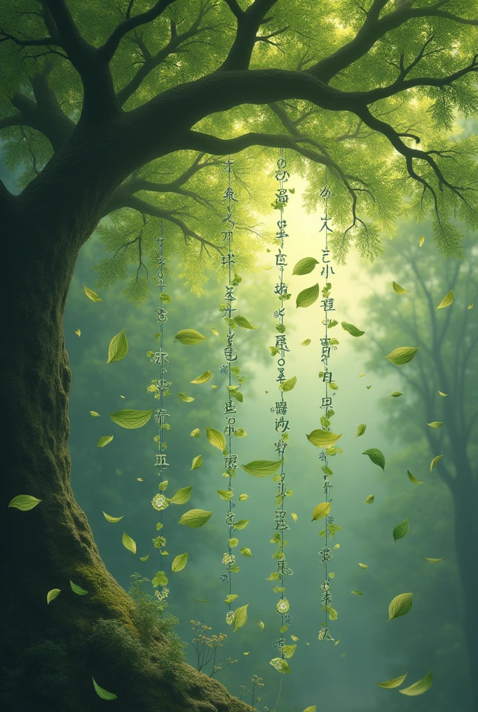 Give me a image in which 108 shree ganapati names are printed on each leaf and the leafs are falling down from a tree