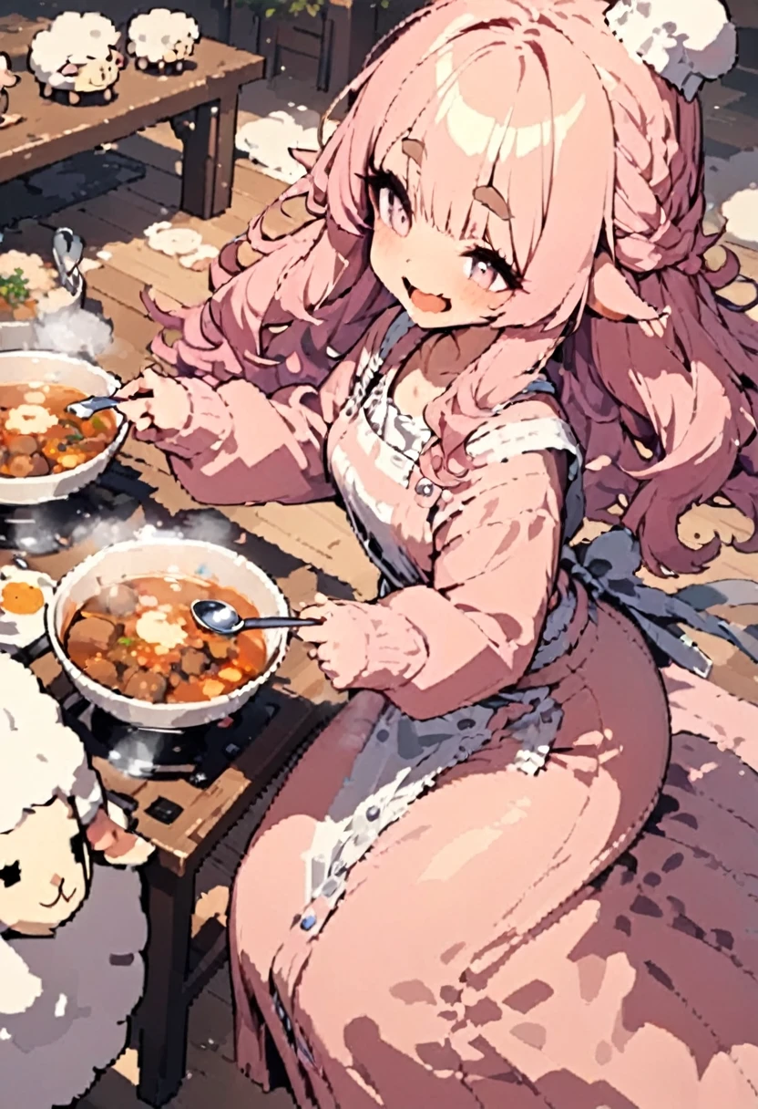 masterpiece, Highest quality, highres, super detail, uhd, 8k, Vivid, young woman, Sheep, smile, cute, Directed at an angle, Open your mouth, Fluffy hair, Long Hair, Hair like sheep's hair, Pink Hair, Thick eyebrows, Chef hat, Yellow apron, Pink dress, Long skirt, Light blue cardigan, Brown shoes, ((indoor, table, Eating stew, White plate, spoon))