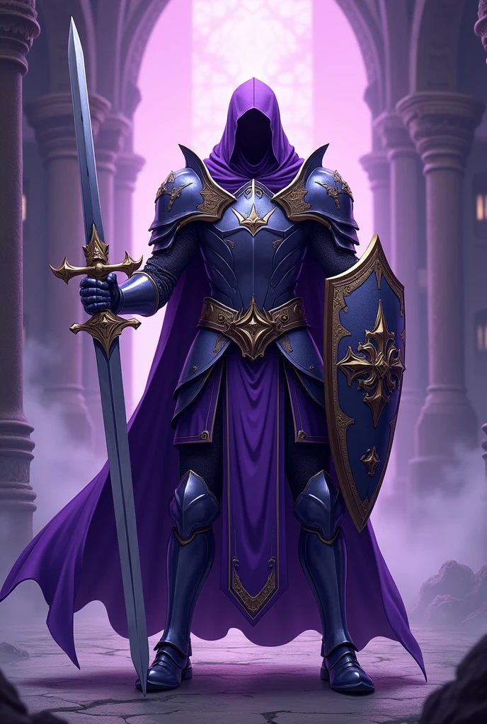  male arab genie knight in full medieval armor without helmet purple with sword and shield in anime 