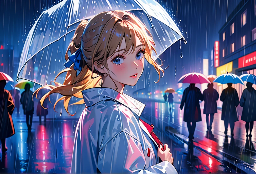 One Girl,City of night,rain,coat,Put your hands in your pockets,rainbow colored raincoat,dance in the rain,Highest quality, High resolution, Very detailed, Realistic:1.37, Close to cool colors,Desaturate, Portraiture, Soft lighting, Long eyelashes, Sparkling eyes, Glossy Lips, Detailed skin, Retro pattern, pastel colour, ((Crying 1.2)), ((Tears:2.0),, ((Sad look:1.8)),, Dreamy atmosphere, Elegant pose, Nostalgic atmosphere, Sparkling Highlights, Perfect Skin, 8 One Piece, Long Hairstyles, Pink blush, Delicate features, Diamond-like eyes,((rain squall:2.8)),((intersection))((High rise residential buildings dark city silhouette background:2.0))、Are crying、Completely exhausted、Blonde