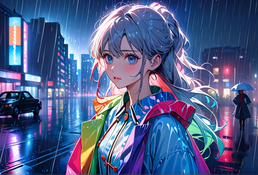 One Girl,City of night,rain,coat,Put your hands in your pockets,rainbow colored raincoat,dance in the rain,Highest quality, High resolution, Very detailed, Realistic:1.37, Close to cool colors,Desaturate, Portraiture, Soft lighting, Long eyelashes, Sparkling eyes, Glossy Lips, Detailed skin, Retro pattern, pastel colour, ((Crying 1.2)), ((Tears:2.0),, ((Sad look:1.8)),, Dreamy atmosphere, Elegant pose, Nostalgic atmosphere, Sparkling Highlights, Perfect Skin, 8 One Piece, Long Hairstyles, Pink blush, Delicate features, Diamond-like eyes,((rain squall:2.8)),((intersection))((High rise residential buildings dark city silhouette background:2.0))、Are crying、Completely exhausted、Blonde