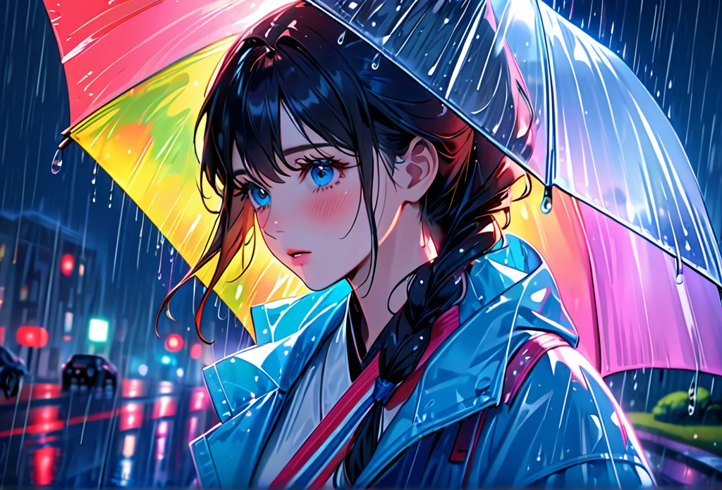 One Girl,City of night,rain,coat,Put your hands in your pockets,rainbow colored raincoat,dance in the rain,Highest quality, High resolution, Very detailed, Realistic:1.37, Close to cool colors,Desaturate, Portraiture, Soft lighting, Long eyelashes, Sparkling eyes, Glossy Lips, Detailed skin, Retro pattern, pastel colour, ((Crying 1.2)), ((Tears:2.0),, ((Sad look:1.8)),, Dreamy atmosphere, Elegant pose, Nostalgic atmosphere, Sparkling Highlights, Perfect Skin, 8 One Piece, Long Hairstyles, Pink blush, Delicate features, Diamond-like eyes,((rain squall:2.8)),((intersection))((High rise residential buildings dark city silhouette background:2.0))、Are crying、Completely exhausted、Blonde