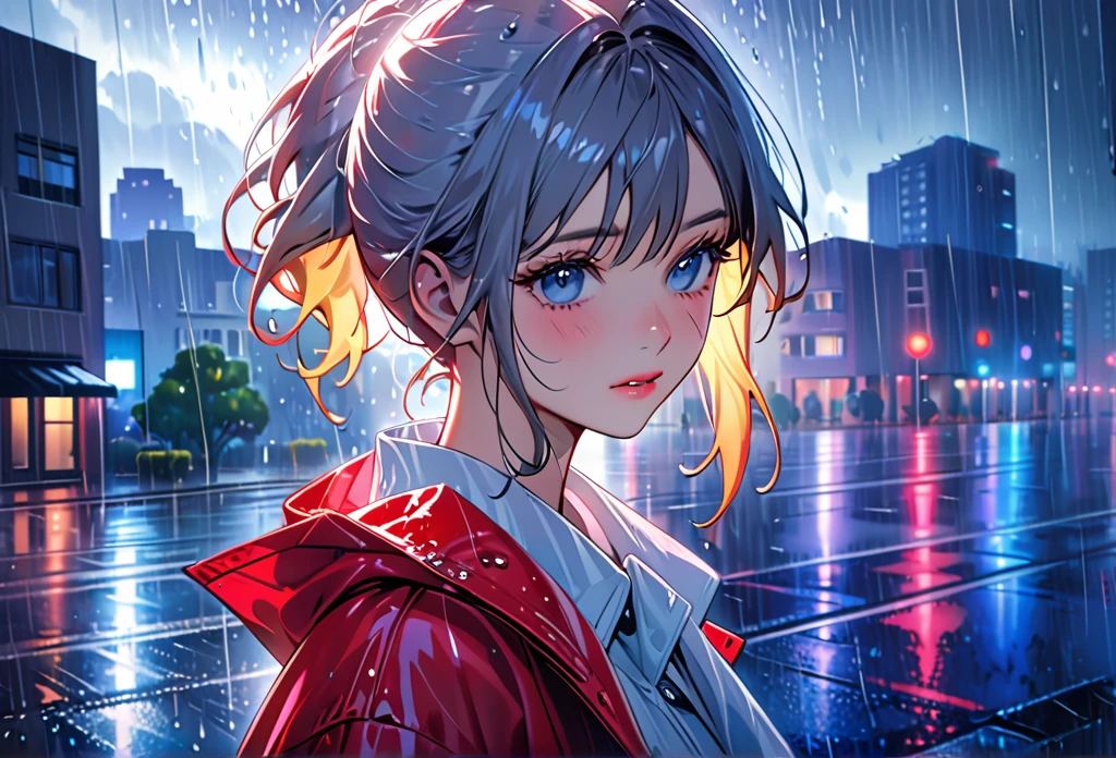 One Girl,City of night,rain,coat,Put your hands in your pockets,rainbow colored raincoat,dance in the rain,Highest quality, High resolution, Very detailed, Realistic:1.37, Close to cool colors,Desaturate, Portraiture, Soft lighting, Long eyelashes, Sparkling eyes, Glossy Lips, Detailed skin, Retro pattern, pastel colour, ((Crying 1.2)), ((Tears:2.0),, ((Sad look:1.8)),, Dreamy atmosphere, Elegant pose, Nostalgic atmosphere, Sparkling Highlights, Perfect Skin, 8 One Piece, Long Hairstyles, Pink blush, Delicate features, Diamond-like eyes,((rain squall:2.8)),((intersection))((High rise residential buildings dark city silhouette background:2.0))、Are crying、Completely exhausted、Blonde