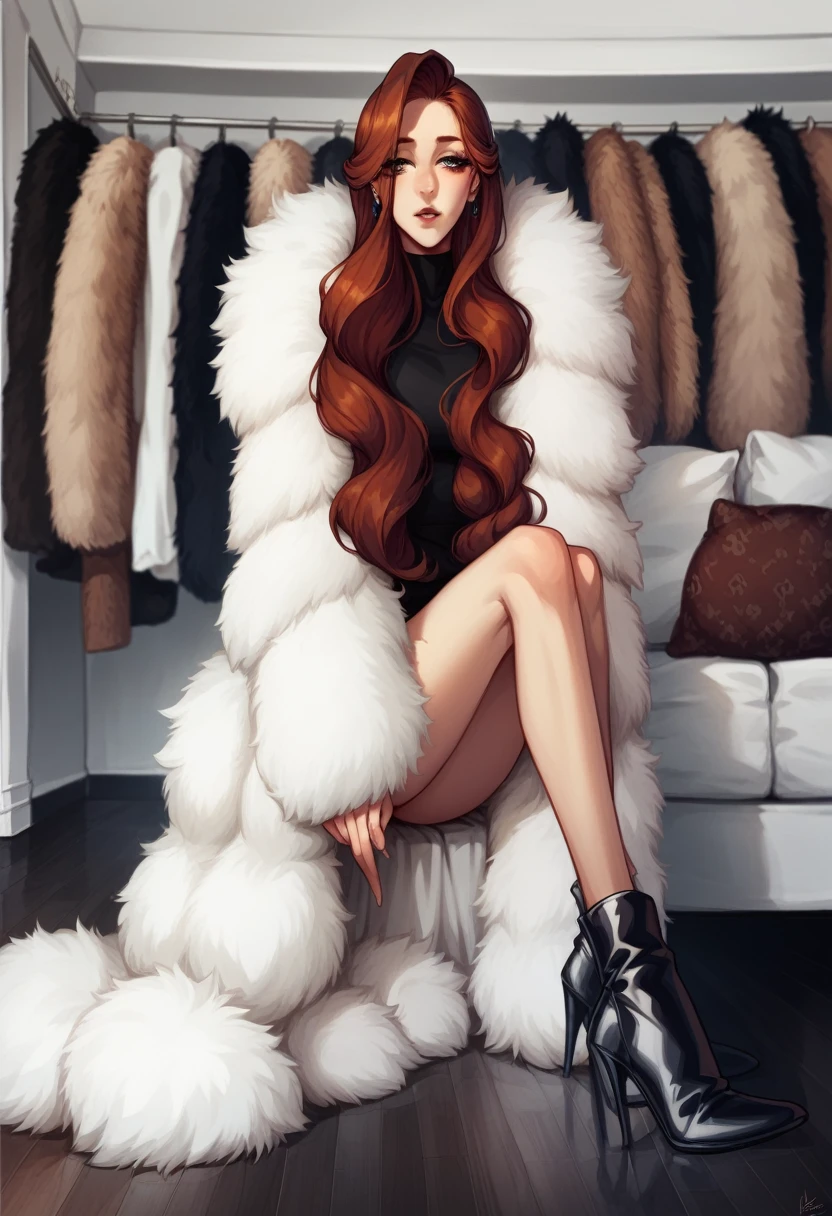 Arafed woman sitting on a couch in a fur coat, lots of fur, Wearing a luxurious fur coat, Ginger hair and fur, Fur clothing, rotes Fell, long fluffy fur, Langes Fell, white fur, wears a fur coat, fluffy fluffy fur, white fur and dark skin, Fell, wavy fur, with white fluffy fur, with long red hair, fluffy fur