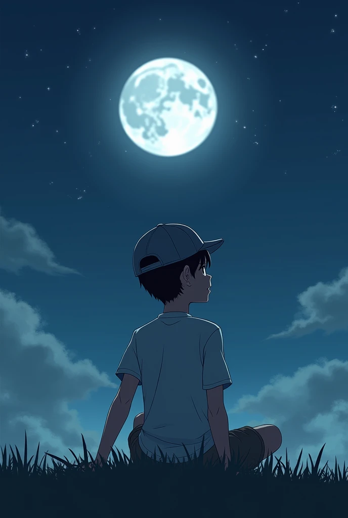 An anime boy with a t-shirt and cap sitting looking at the moon