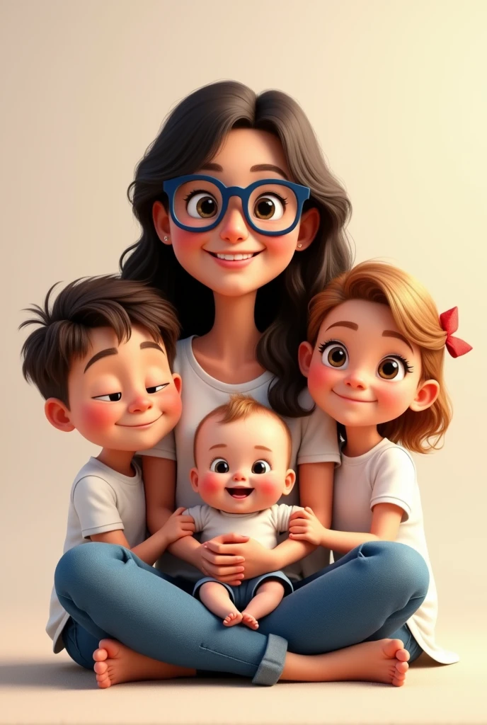 Create a Pixar animation style family portrait, presenting a mother, kneeling on the floor, with three small children. The mother has long, wavy hair, wear glasses, a white sleeveless blouse and blue jeans. She is holding only the baby boy in her arms, the baby has light hair and is wearing a white t-shirt and dark blue shorts, Grinning calorosamente. The two oldest children, um menino e uma , are sitting on the floor in front of her. The boy has short, straight, light hair, the boy has glasses and is wearing a white shirt and blue jeans, with a cheerful expression. A has light colored shoulder length hair with a bow, wearing a white shirt with ruffled sleeves and a denim skirt, Grinning. The background is neutral and soft in tone.. The entire scene must have vibrant colors., expressive expressions and warm lighting typical of Pixar animations.