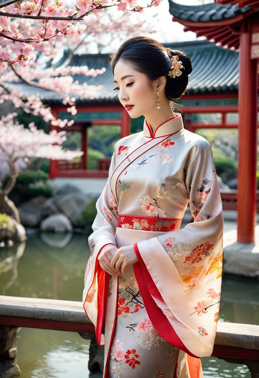 Create an image of a Chinese classical beauty dressed in a traditional qipao. The woman should have an elegant and serene expression, with long, flowing black hair styled in a traditional updo, adorned with delicate hairpins. Her qipao should be richly detailed, featuring intricate floral patterns in shades of red and gold, with a high collar and slit on one side, revealing a graceful posture. She should be standing in a tranquil, classical Chinese garden, surrounded by blooming cherry blossoms, a koi pond, and a traditional pavilion in the background. The scene should be illuminated by soft, natural light, enhancing the delicate features of her face and the intricate details of her attire.