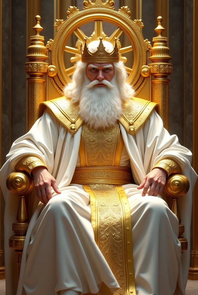 a young man with posture, powerful and majestic, with big white hair and a big white beard, with large white robes, with a breastplate, with a golden belt and a large shining crown of gold on his head sitting on a great and exalted throne all of gold