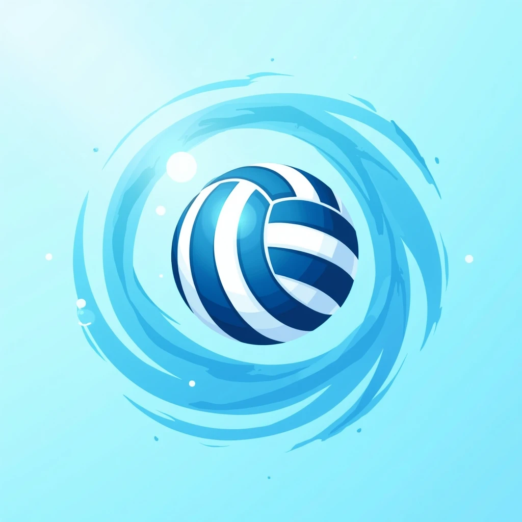 logo of a volleyball surrounded by a whirlpool, minimalist logo, light blue water background. The background has ripples like the sea being reflected in the sunlight., blue volleyball, Unique combination with volleyball is the text: "CVC". 2D style. Logo. strong. Water surrounds the ball generously, free, soar. Strong style, dynamic, energy, matter, cool. strong, bold, full. Clear blue water with ocean-like background