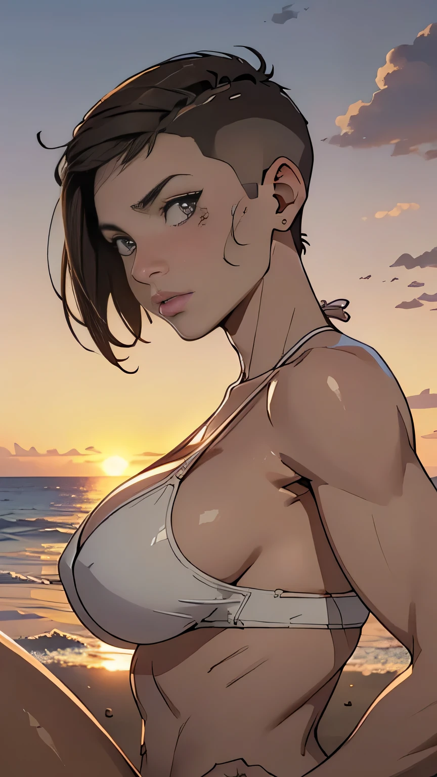 photo of mlp Meowko, RAW, beautiful woman, ((portrait)), ((detailed face:1.2)), ((anime face, anime facial feature, beautiful anime mouth, clear skin, clear skin), (short messy lesbian haircut, one shaved side, brunette: 1.55), (perfect proportioned body, Strong, muscular, narrow waist, narrow hips, skinny, large breasts), (wearing sports bikini), lying down in the sand, (Beach sandy, sunset on the water, evening), (realistic photo, best quality, detailed), (8k wallpaper), (cinematic lighting, beautiful light, (day:1.3)) (sharp focus, intricate)