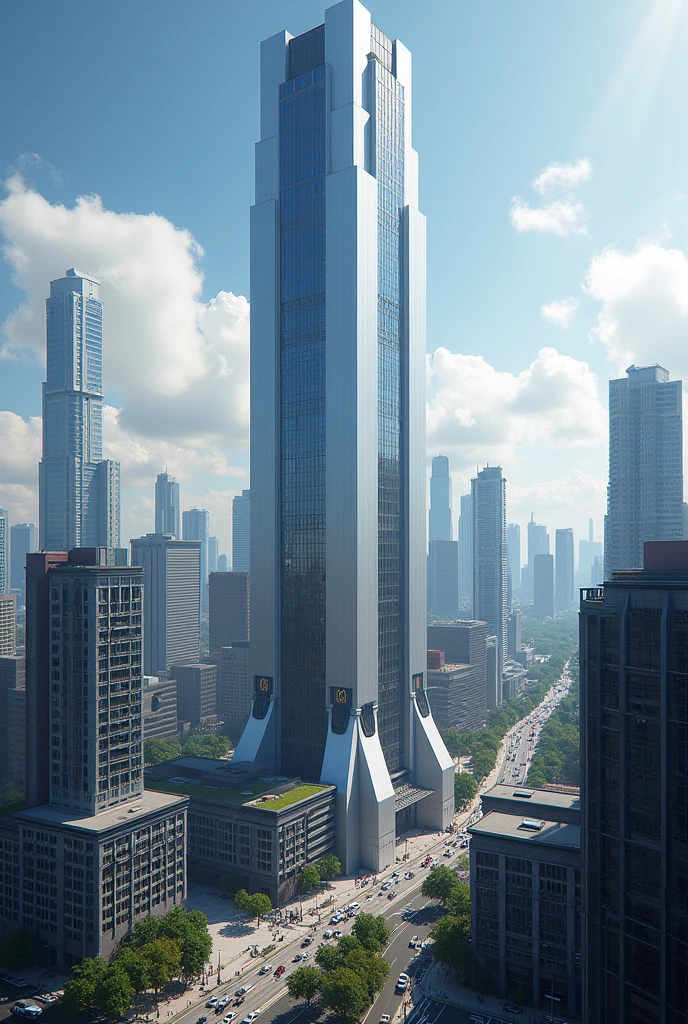 Generate a skyscraper in the middle of a city belonging to G I E corporation.