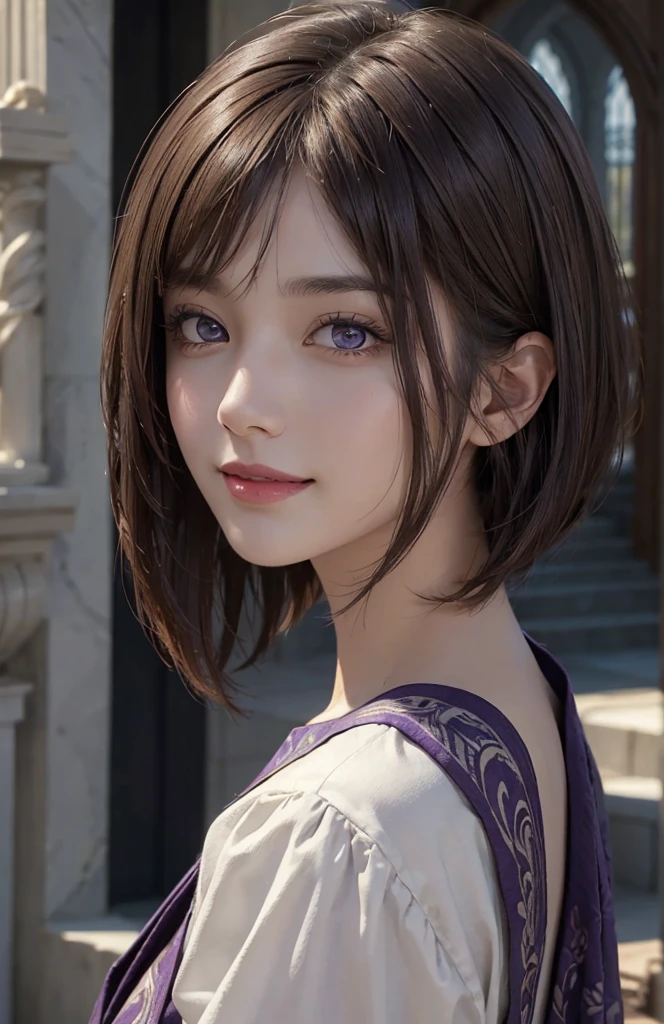 Skyland temple, open back, look back, look over shoulder, (Ultra Realistic), (Illustration), (Increased Resolution), (8K), (Extremely Detailed), (Best Illustration), (Beautiful and Detailed Eyes), (Best Quality), (Ultra Detailed), (Masterpiece ), ( wallpaper), (detailed face), solo, 1 girl, fine details, detailed face, deep shadows, low key, pureerosfaceace_v1, smiling, short hair, 46 points oblique bangs, brown hair, bob cut, purple eyes, smiling, purple cloth