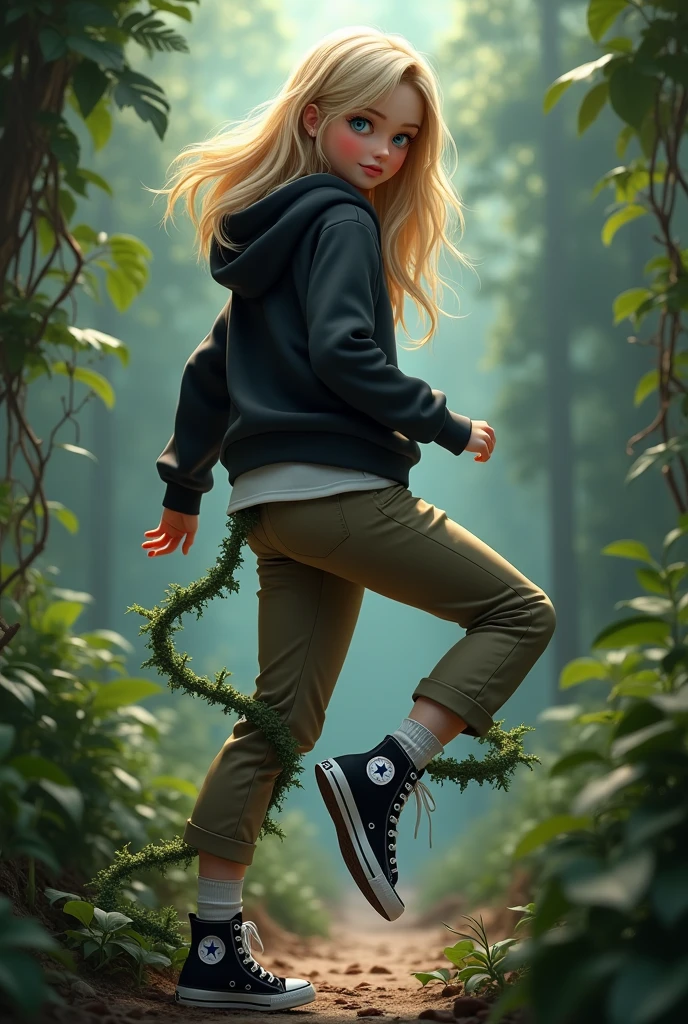 Realistic high school white girl, blonde hair, blue eyes, tight khaki pants, black high top converse shoes, black hoodie, white socks, one leg kicking in the air towards the camera, jungle background, full body, backside, butt, vines coiled around the girls legs.