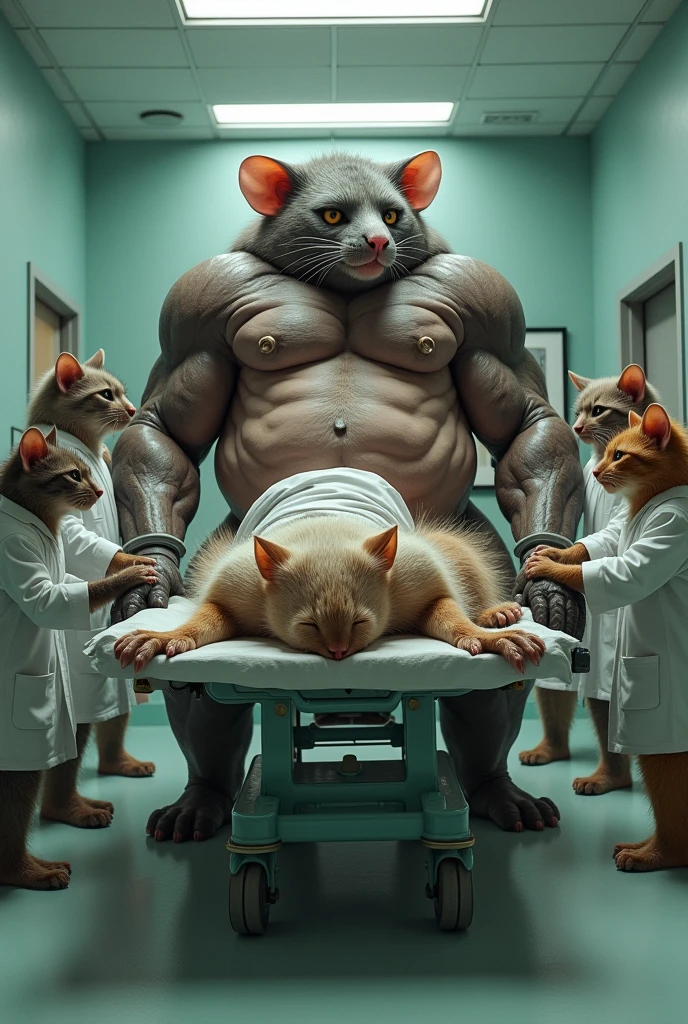 A huge rat with big muscles and six pack abs is dead and lying down on the stretcher and is carried by the doctors who are cats