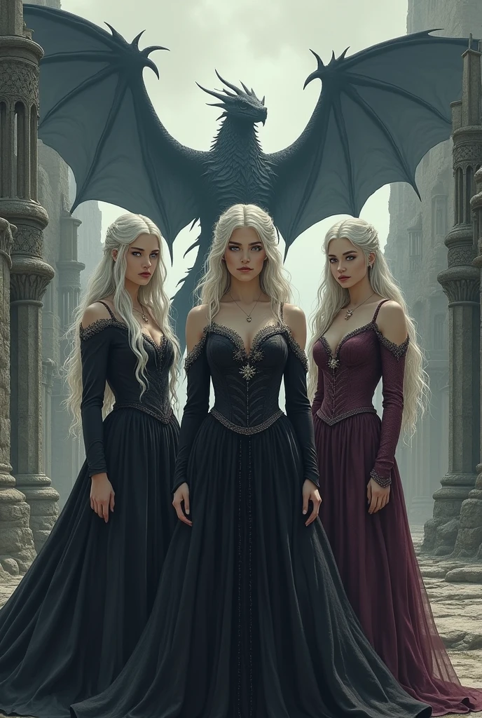 Gothic drawing of Daenerys Targaryen actresses along with Rhaenyra Targaryen and Rhaenys Targaryen in ancient Valyria, behind them the dragon Balerion the black terror
