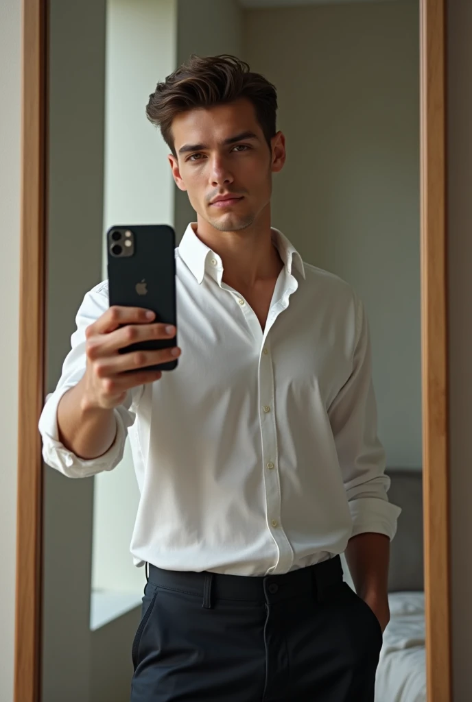 A 19 years old spanish boy taking a mirror selfie with a iphone 15 pro in hand Make it cute make it age older