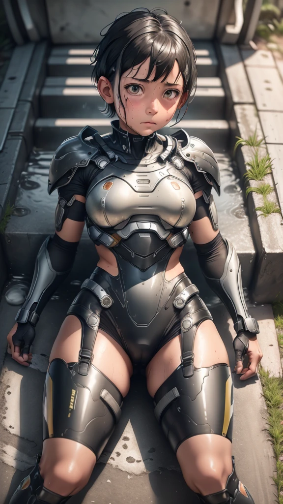 Highest quality 8k Cyborg Suit Girl Sweaty face cute Boyish short hair Very short hair Steam coming out of my head My hair is wet with sweat Black Hair Broken and unable to move Lying down Soaked Face My crotch is wet