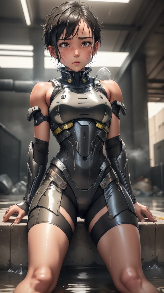 Highest quality　8k Cyborg Suit Girl　Elementary school girl　Sweaty face　cute　Boyish short hair　Very short hair　Steam coming out of my head　My hair is wet with sweat　Black Hair　Broken and unable to move　　Lying down　Soaked Face　My crotch is wet