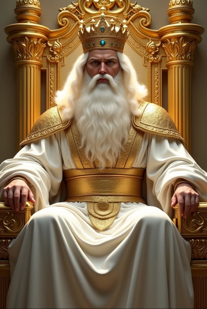 a young man with posture, powerful and majestic, with big white hair and a big white beard, facing the front, with large white robes, with a breastplate, with a golden belt and a large shining crown of gold on his head sitting and leaning on a large and exalted throne all of gold