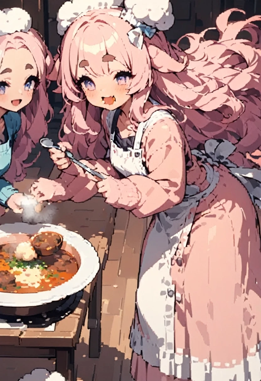 masterpiece, Highest quality, highres, super detail, uhd, 8k, Vivid, young woman, Sheep, smile, cute, Facing forward, Open your mouth, Fluffy hair, Long Hair, Hair like sheep's hair, Pink Hair, Thick eyebrows, Chef hat, Yellow apron, Pink dress, Long skirt, Light blue cardigan, Brown shoes, ((indoor, table, Eating stew, White plate, spoon))