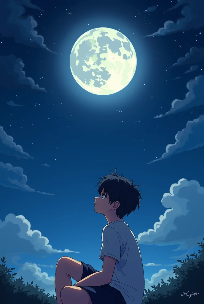 An anime boy with a t-shirt who said chulapi sitting looking at the moon
