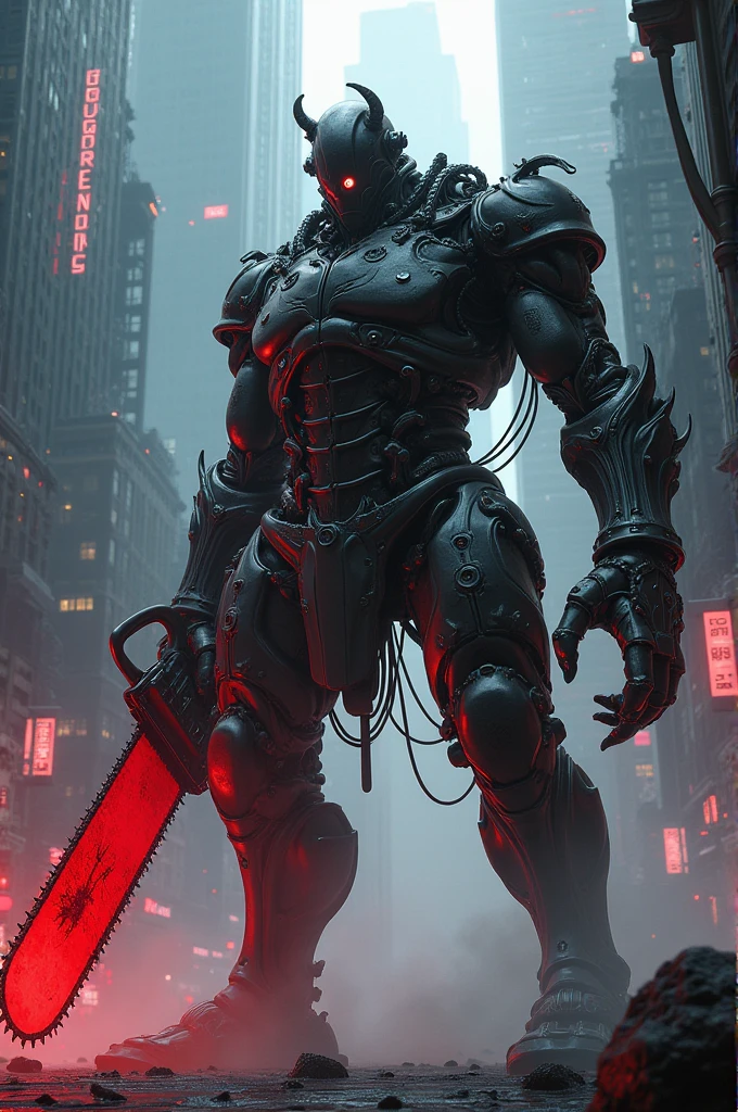 Dark_fantasy,cyberpunk,(chain saw,chain saw man,Red:1.1),1man,Mechanical marvel,Robotic presence,Cybernetic guardian,