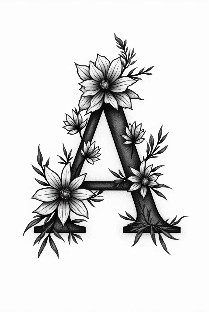 Create a tattoo sketch of the letter A with flowers and dog paw prints  