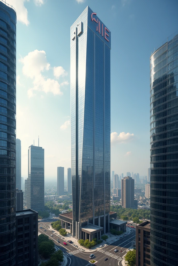 Generate a skyscraper in the middle of a city belonging to "G I E" corporation.