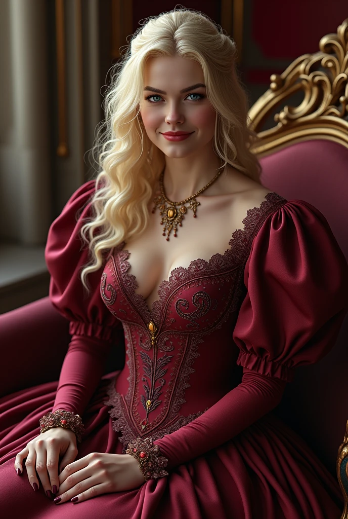 A full-body portrait of Lady Selene Ashford, one of Lady Seraphina d’Aurelis' most trusted ladies-in-waiting. Selene is depicted in a seductive yet tasteful gown that accentuates her beauty and allure. The gown is luxurious, with rich fabrics in shades of red and gold, tailored to emphasize her figure while maintaining elegance. Her golden hair flows in soft waves around her shoulders, and her sapphire-blue eyes sparkle with a blend of charm and subtle danger. Selene stands with a confident, flirtatious posture, exuding both grace and power. The background is softly lit, perhaps an opulent chamber with rich drapes and faint candlelight, reflecting her role as the seductive manipulator within Seraphina’s inner circle. The art style is realistic, capturing the intricate details of her attire and the magnetic allure of Lady Selene Ashford.