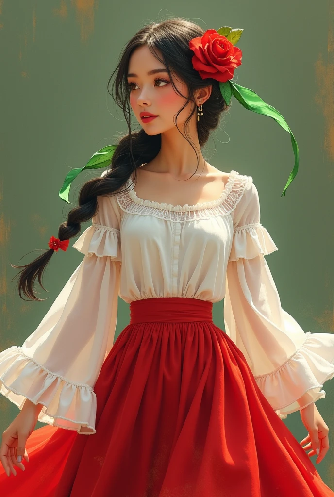 A girl with a white blouse with a round neck and bell-shaped sleeves in all white, a long red skirt, a thin sash at the waist, a green flag braid on one side with a rose. Like a mariachi