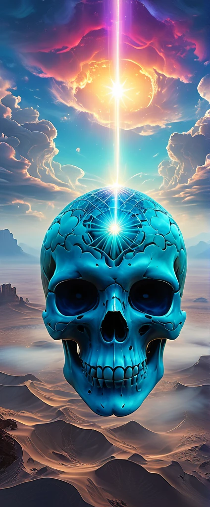 Blue skull , a blue majestic skull floating above the clouds of the desert sky, (best quality,4k,8k,highres,masterpiece:1.2),ultra-detailed, ethereal, dreamlike, surreal, with a touch of magic, vibrant colors, soft and delicate, blending seamlessly into the clouds, with a serene and tranquil expression, surrounded by a mystical aura, glowing softly, reflecting the sunlight, creating a breathtaking scene.
