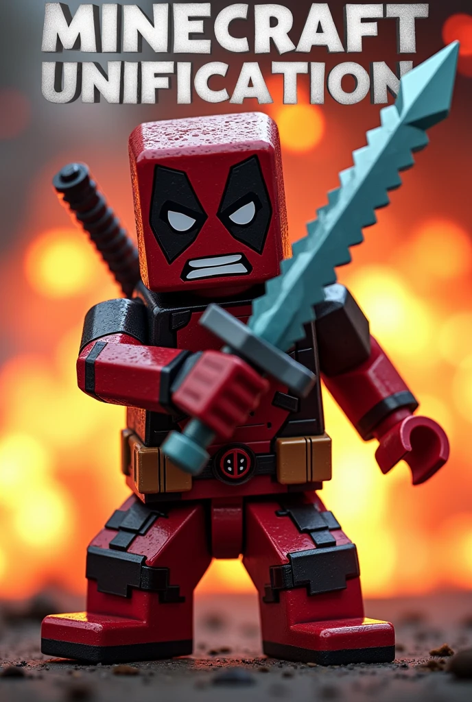 I want a Minecraft character with a Deadpool skin with a diamond sword looking angry at the screen with an explosion behind him and written (MINECRAFT UNIFICATION) I want the character with the Minecraft skin, not the Lego one.