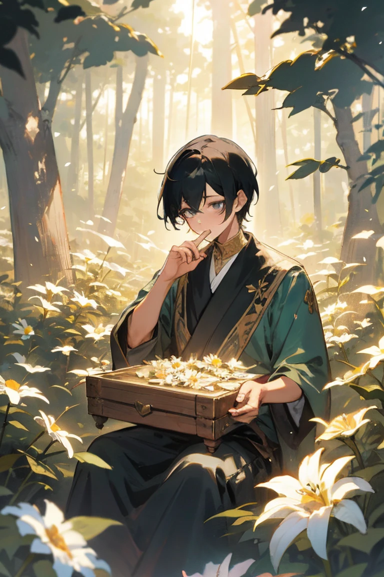 wide angle, an illustration a large treasure box, a guy, black hair, short hair, he sat next to the box, sitting next to, filled with flowers inside the treasure box, roses, daisies and lilies, a forest, sunlight, color  pastel colors to convey a sense of tranquility, Art style should be anime-inspired, with attention to detail in wood grain, leaves and flower petals, early morning, soft sunlight, anime, 8k