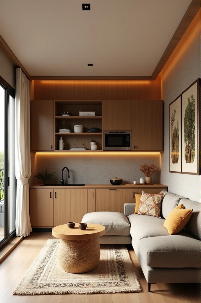 I need you to give me a home design based on the size of my home and the materials I have, and what I can buy. I have a 5 by 5 meter room that I want to use as both a kitchen and a living room. I have a half kitchen cabinet that is 1 meter high and 1.5 meters wide, an injera baking stove, an oven, a table that is 1 meter high and 60 cm wide, two 180-liter jars, three 25-liter jars, a water purifier, 8 water glasses, 5 wine glasses, a stove, 6 tea glasses, 15 dishes, 4 mugs, a large injera storage basket, a large L-shaped sofa, a sofa table, and 2 small-sized cute chairs.