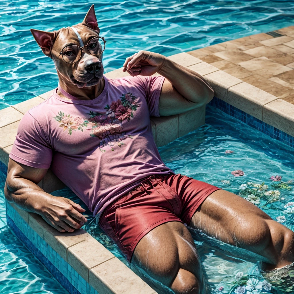 Pit Bull wearing shorts and a floral t-shirt and Juliete glasses ,relaxing in the pool