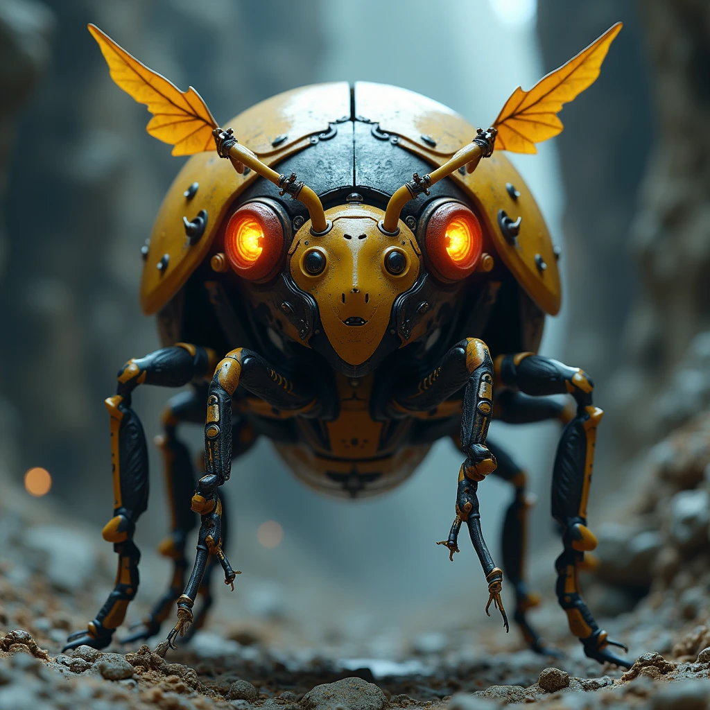 a highly detailed, photorealistic, cinematic portrait of a levitating ladybug-inspired android cyborg, a beetle-like super robot face, a three-faced deity, 8k, best quality, masterpiece, ultra-detailed, physically-based rendering, sharp focus, vivid colors, dramatic lighting, quarry background