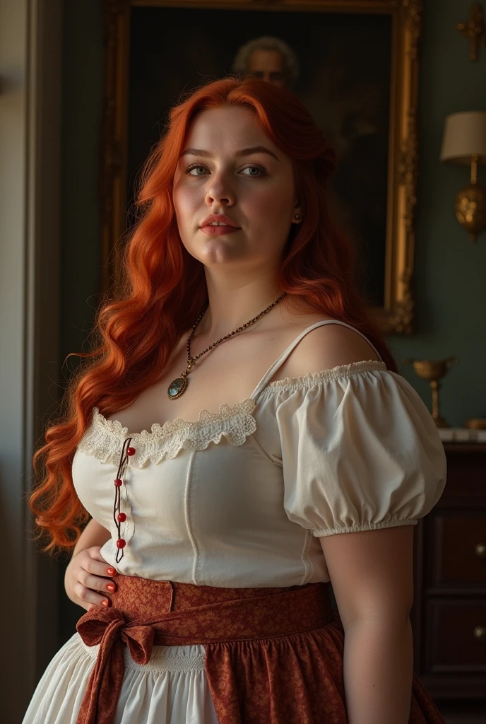 Description: period romance Fat woman with loose dark red hair, elegant period clothing