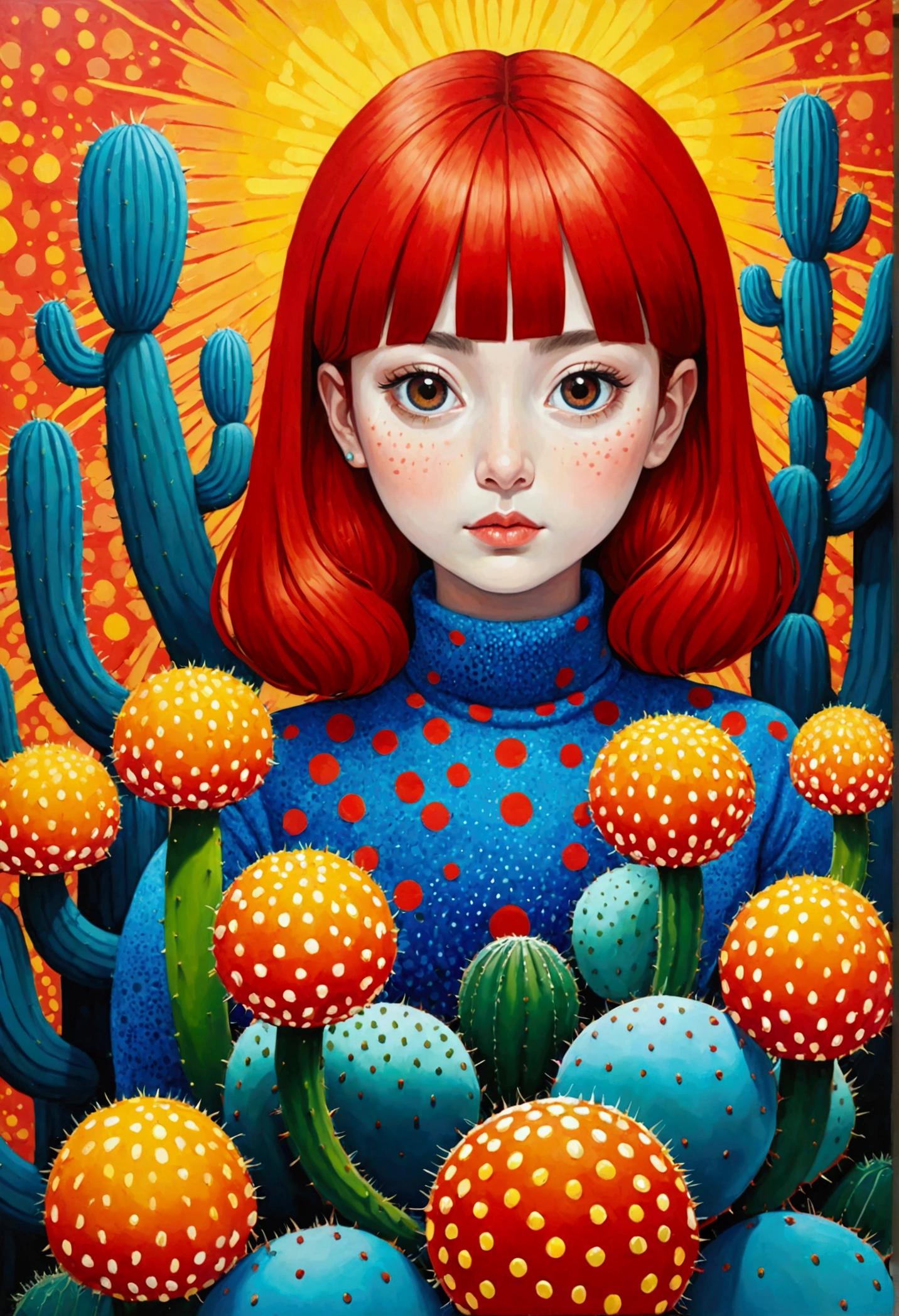 Yayoi Kusama style,An abstract painting,Coronavirus Plant,Pop Art,Dense,2d!!!
author:Annabel Kidston, Saturated pointillism, cactus, inspired by Yayoi Kusama, inspired by Yayoi Kusama, inspired author:Annabel Kidston, By Pasitha Abad