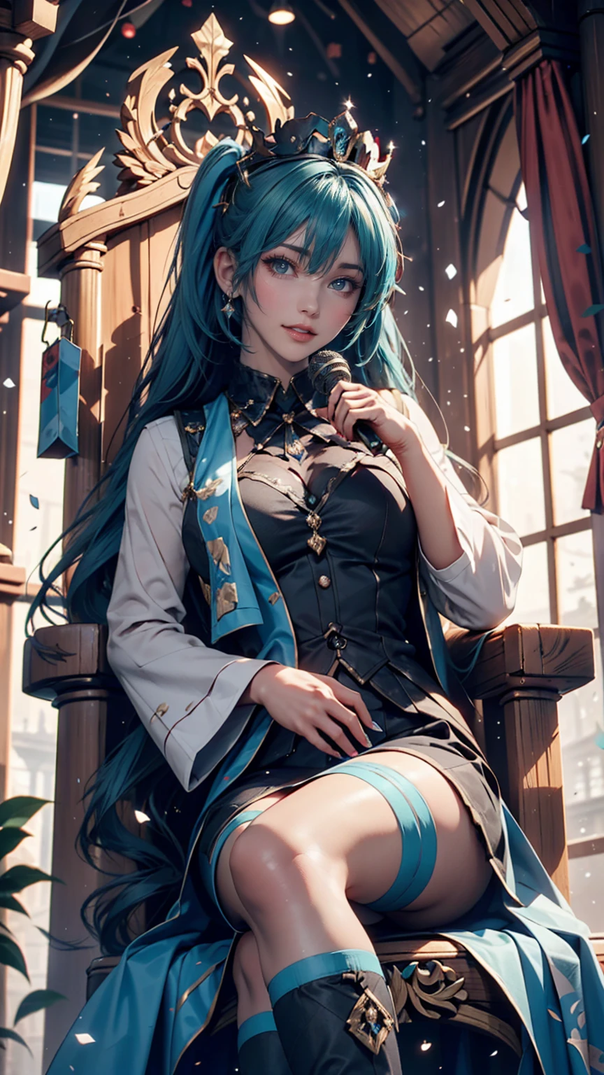 One girl, hatsune miku, Princess Costumes, Crown, Money, ((Throne)), Inside the castle, middle ages, Wearing a blue vest, Put one foot on the ground, The calf of the other leg is facing outward, hold the microphone with one hand, Put your other hand over your eye, White Background