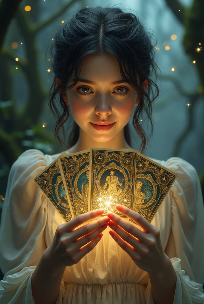 Mysterious girl holding tarot cards、Smiling