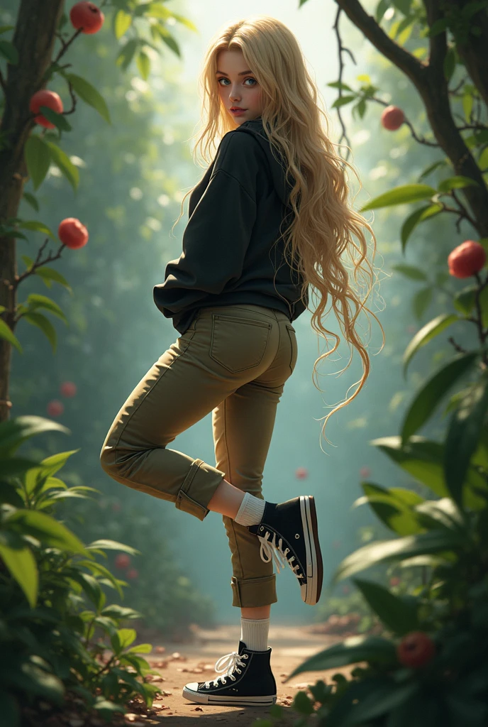Realistic high school white girl, blonde hair, blue eyes, tight khaki pants, black high top converse shoes, black hoodie, white socks, one leg kicking in the air towards the camera, jungle background, full body, backside, butt, vines coiled around the girls thighs and legs.