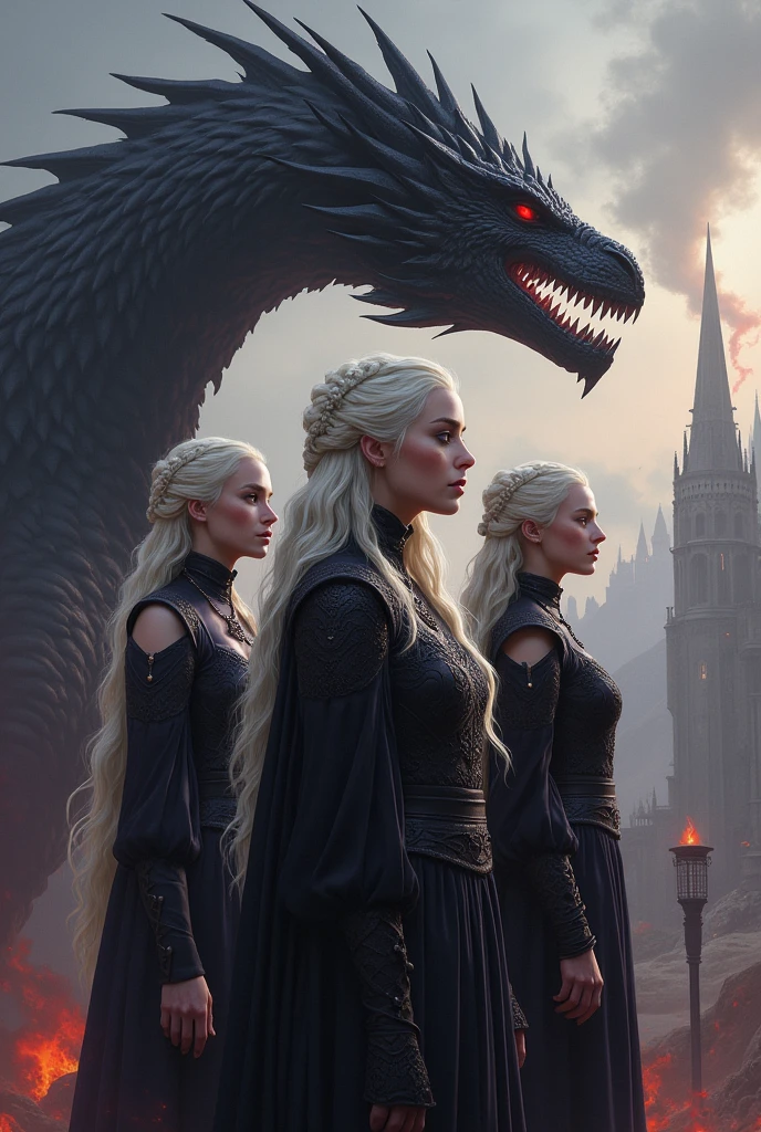 Dreamshaper Gothic drawing of Daenerys Targaryen actresses along with Rhaenyra Targaryen and Rhaenys Targaryen in ancient Valyria, behind them the dragon Balerion the black terror
