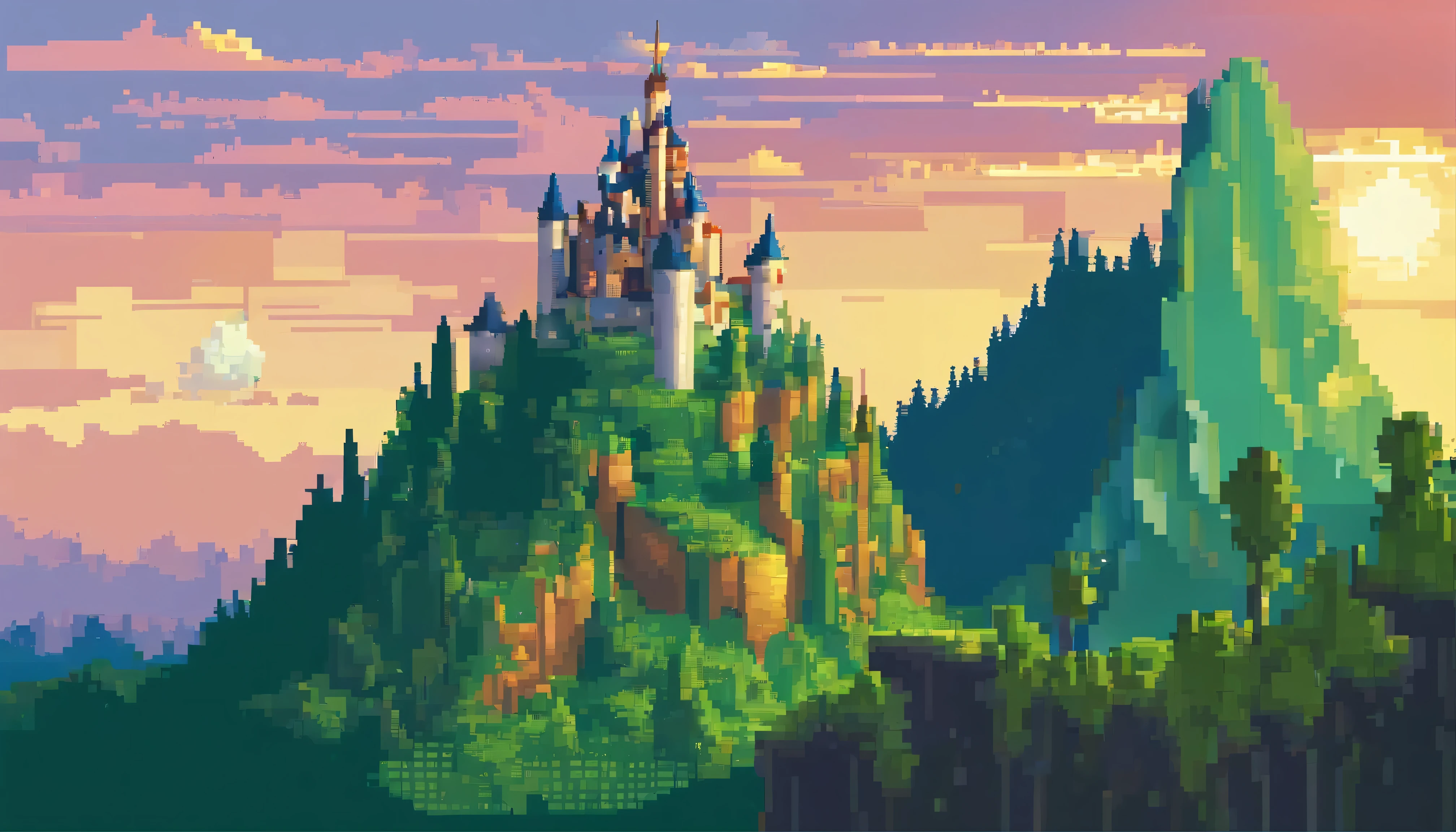castle in mountain,green mountain,Forest,Sun light, blue sky, evening
