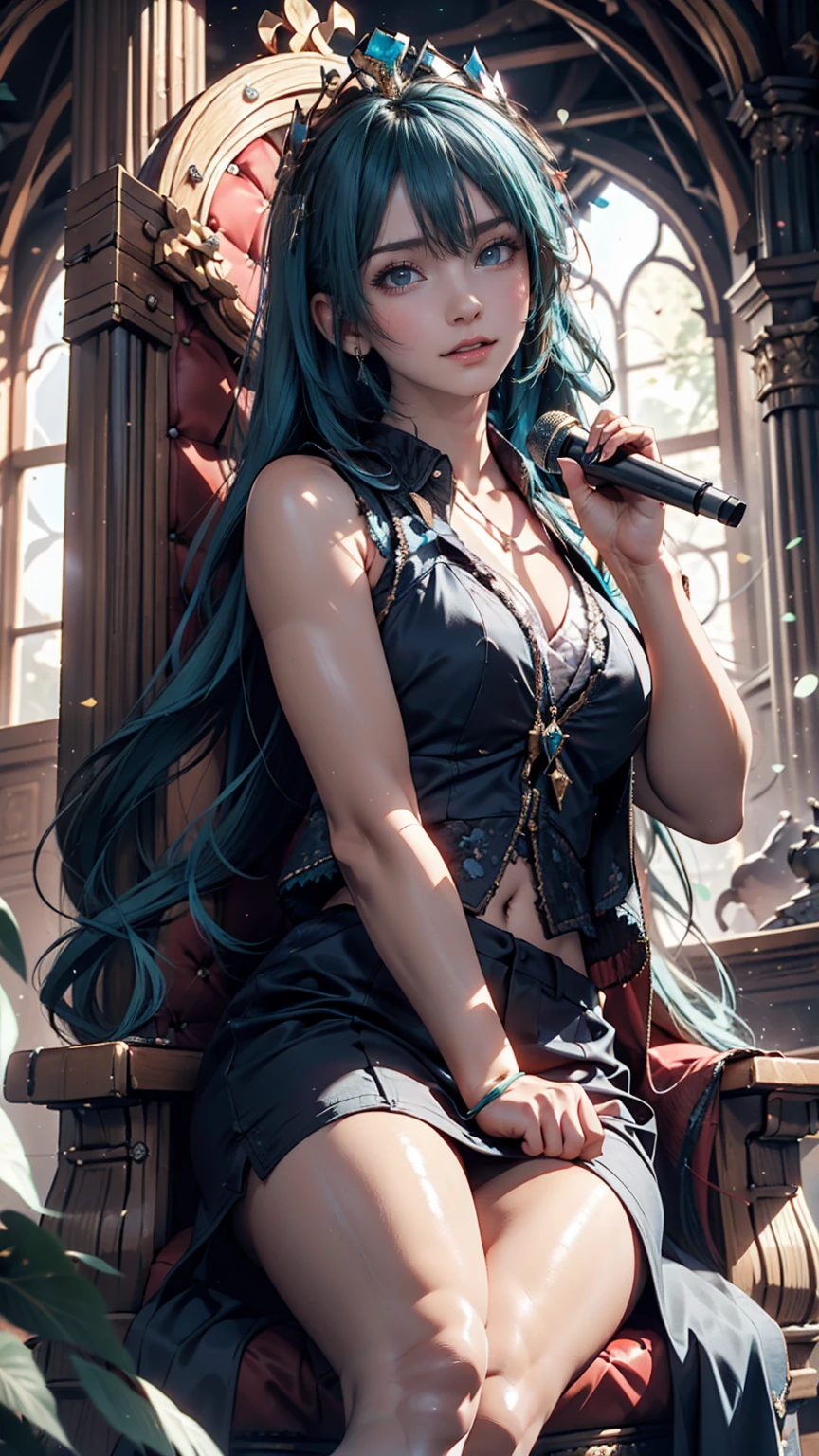 One girl, hatsune miku, Princess Costumes, Crown, Money, ((Throne)), Inside the castle, middle ages, Wearing a blue vest, Put one foot on the ground, The calf of the other leg is facing outward, hold the microphone with one hand, Put your other hand over your eye、Photo studio(lighting equipment、Horizon、Spotlight)
