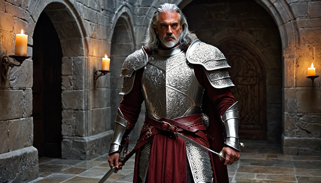 ((masterpiece, The silver armor is decorated with beautiful chainmail.,Gorgeous filigree armor, Detailed fantasy armor)), Inside a stone building, Stone slabs scattered on the floor, A muscular man in armor walking towards the front, dim, Gray Hair, Candles along the walls light up the room., Holding a large rapier, A beautiful dark red twisted rapier, Wearing a dirty cloak, Under his armor he wears a dirty dark crimson loincloth.,There are three small orange gems lined up on the chest., Beautiful metal with fine white detailing on the shoulders