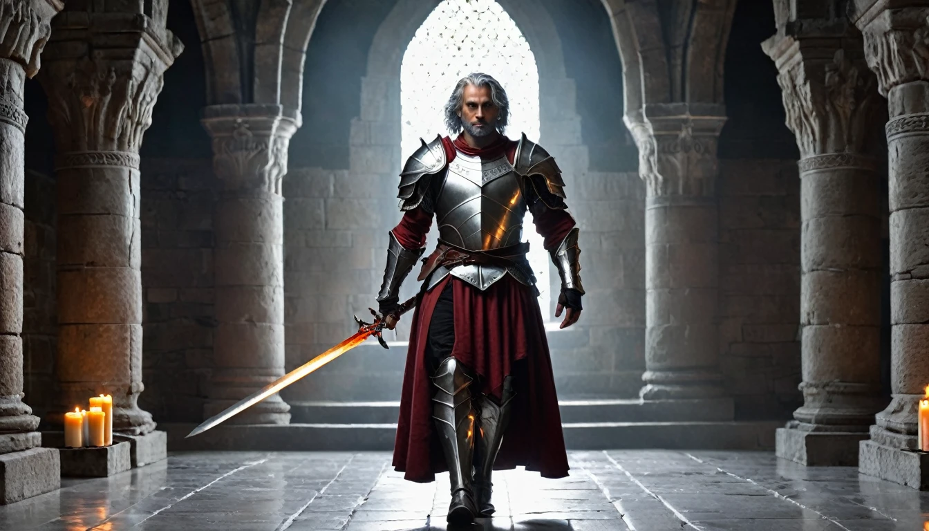 ((masterpiece, The silver armor is decorated with beautiful chainmail.,Gorgeous filigree armor, Detailed fantasy armor)), Inside a stone building, Stone slabs scattered on the floor, A muscular man in armor walking towards the front, dim, Gray Hair, Candles along the walls light up the room., Holding a large rapier, A beautiful dark red twisted rapier, Wearing a dirty cloak, Under his armor he wears a dirty dark crimson loincloth.,There are three small orange gems lined up on the chest., Beautiful metal with fine white detailing on the shoulders