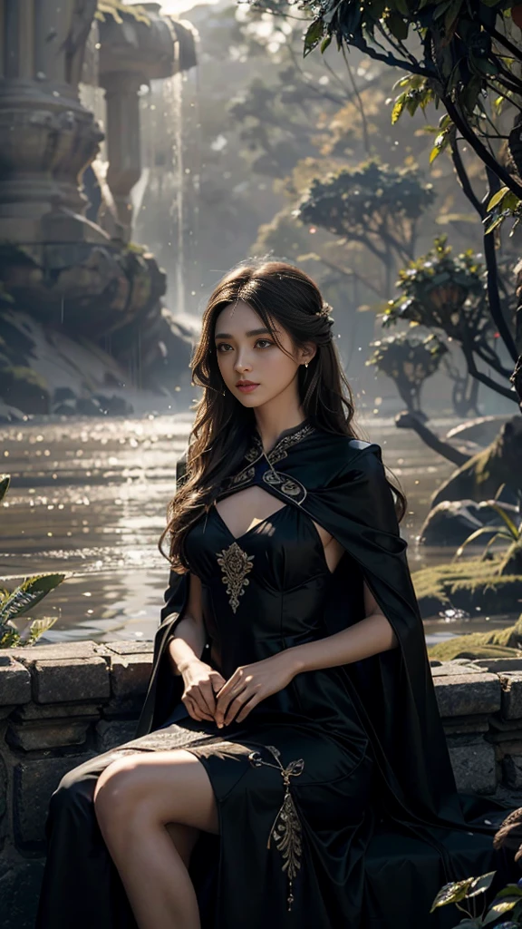 4K, UHD, Masterpiece, 1 girl, good face, detailed eyes, ((very long hair)), bridal hairstyle, butterfly on hair, ornaments, crystal ornaments, jwellery, block print dress, ((black dress)), very detailed dress, strap dress, flowing cape, mesh stocking, cinematic unreal scenery, legendary scenery, rainy weather, wet ground, depth of field, ray tracing, bloom, god rays, lens flare, sun flare, cinematic pose, sitting